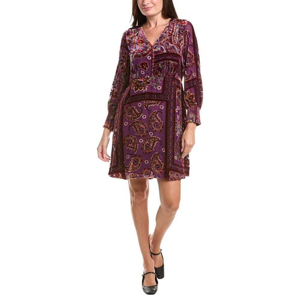 Johnny Was Womens Kinney Burnout Silk-Blend Mini Dress, Purple